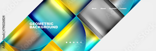 Colorful geometric patterns of squares and circles in vibrant tints and shades, resembling a liquid aqua material property on a white background, mimicking the sky and glass patterns