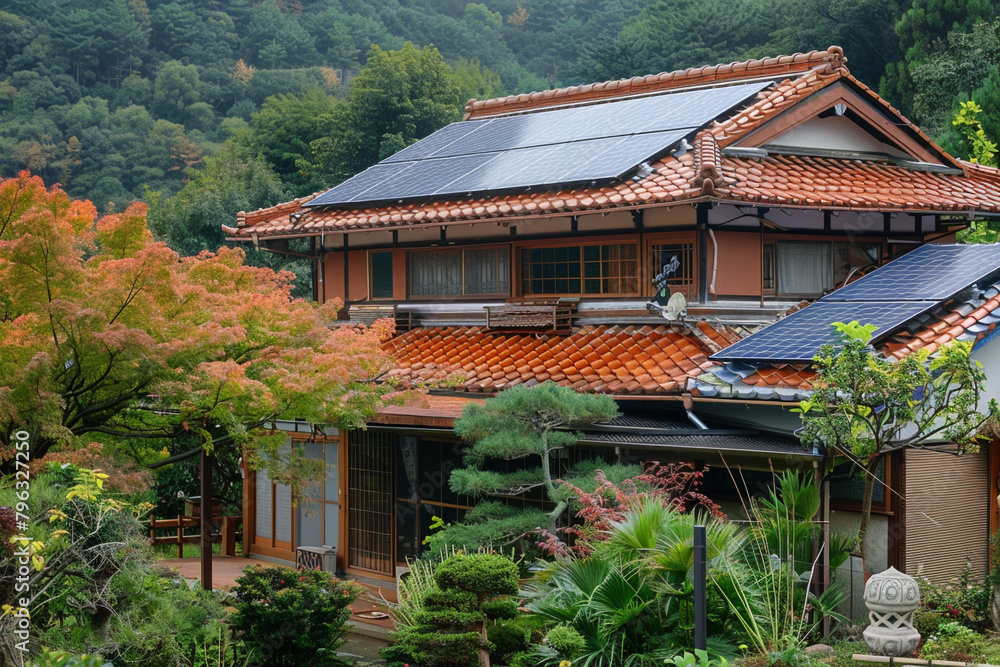 A traditional Japanese house with a tiled roof featuring solar panels, blending ancient architecture with contemporary sustainability. A traditional Japanese house with a tiled roof featuring solar panels, blending ancient architecture with contemporary sustainability.