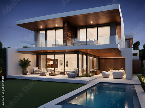 Modern villa design, single family villa, high-end property, luxurious middle-class lifestyle, outdoor swimming pool, with modern house design style