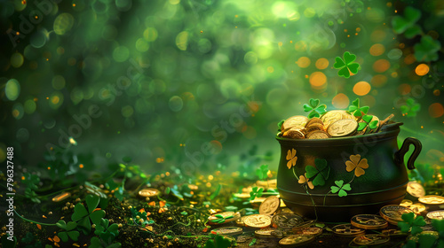 St. Patrick's Day-themed background featuring a pot of gold coins and shamrock leaves, perfect for design,