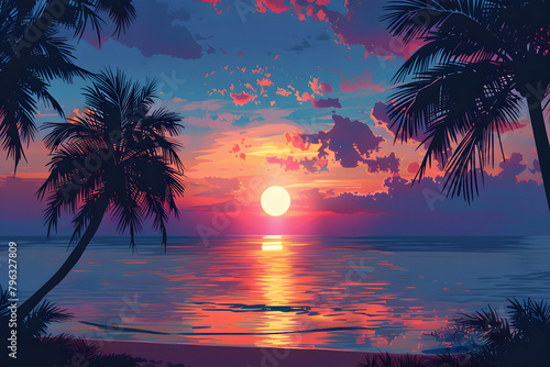 Illustrate a serene sunset scene with palm trees silhouetted against the colorful sky