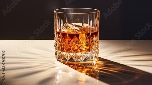 Crystal whiskey glass with amber liquid and ice on a sunlight-kissed surface