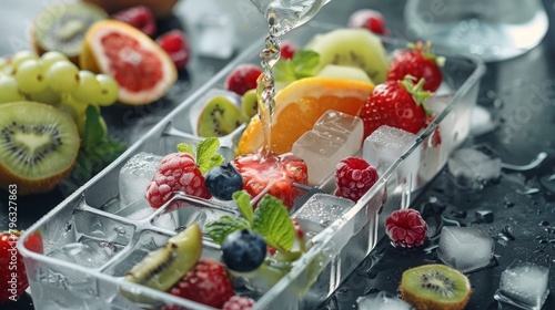 Pouring water into ice cube tray with different fruits and berries on table  closeup