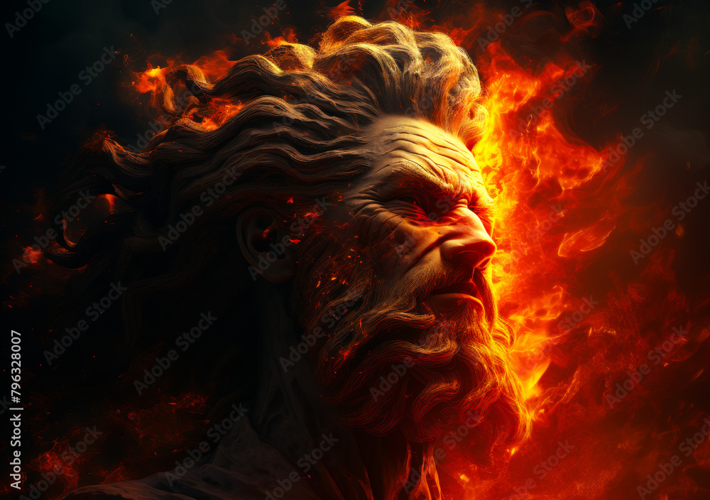 Fototapeta premium Greek Mythology Art: Prometheus the Titan Holding Fiery Torch Bringing Light to Humanity Against Dark Sky