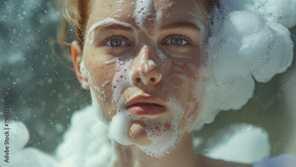 a white woman with soap bubbles a white woman with soap bubbles