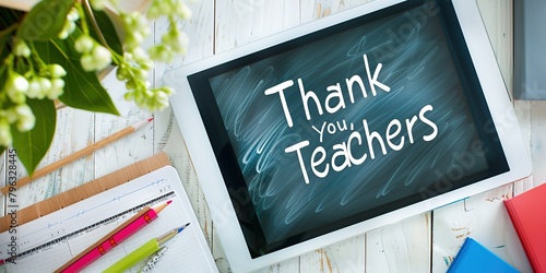 "Thank You, Teachers" message on a tablet with books and plant.