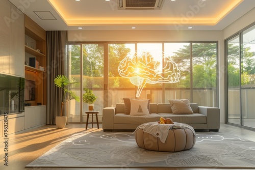 A holographic brain illuminates a contemporary living room in a smart home during the warm glow of sunset.