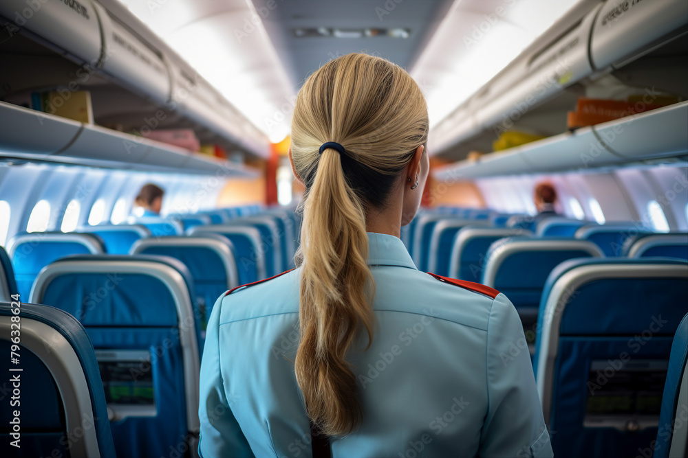 Picture created with generative AI of person wearing airline cabin crew uniform in commercial airplane Picture created with generative AI of person wearing airline cabin crew uniform in commercial airplane