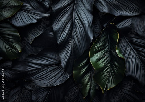 Dark Abstract Tropical Leaf Nature Background   Flat Lay Black Leaves Pattern   Digital AI Foliage Texture Concept
