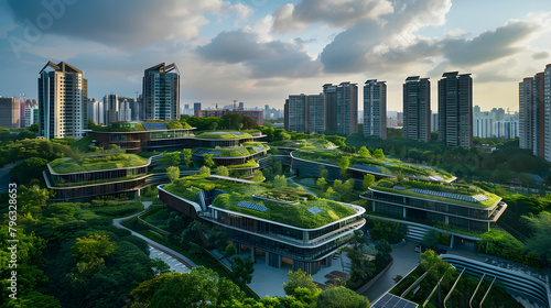 Futuristic urban complex with verdant terraces and undulating green spaces surrounded by city high-rises photo