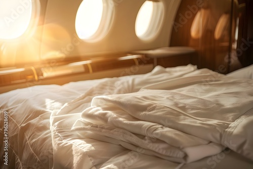 Experience luxury of private jet with royalworthy linens during sunrise. Concept Luxury Travel, Private Jet, Royal Linens, Sunrise Experience