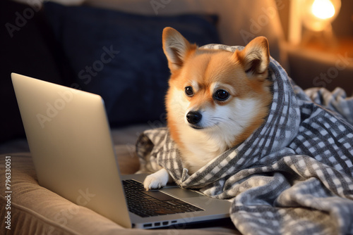 AI generated picture of best human friend animal looking laptop screen
