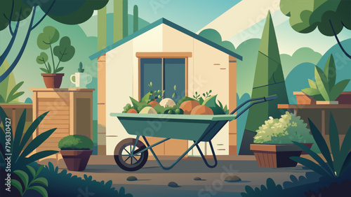 In a small backyard an old wheelbarrow has been given new life as a mobile herb garden its shabby exterior now adorned with vibrant greenery and
