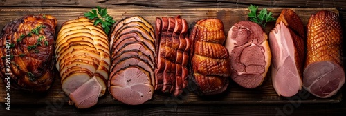Vintage wooden table showcasing an assortment of finely sliced and cured ham pieces photo
