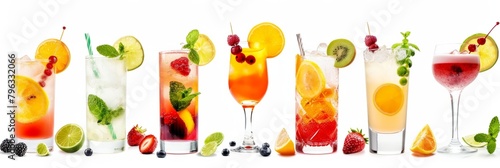Set and collection of classic alcohol cocktails or mocktails isolated on white background with fresh summer fruits