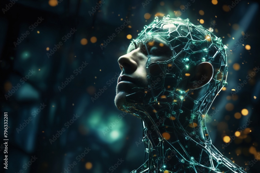 portrait of person with abstract structure or grid around body, dark abstract background with lights, digital art, concept of biotechnology of future