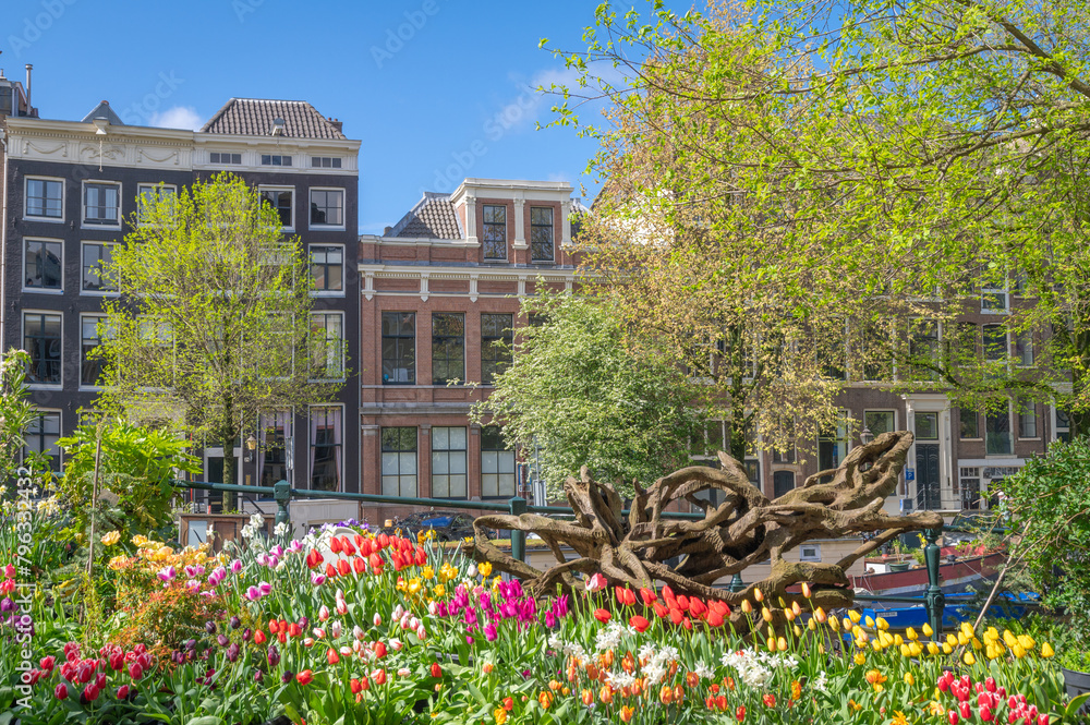Colorful flowers and architecture in Amsterdam, Netherlands