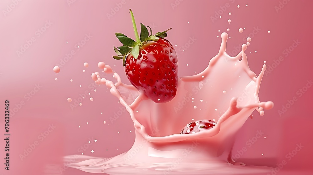 pink Milk splash with strawberries isolated on pink background pink Milk splash with strawberries isolated on pink background