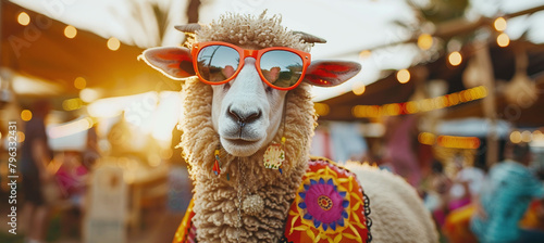 funny sheep relaxing at the reggae music festival