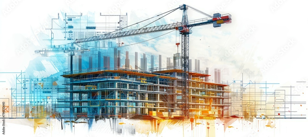 Construction of building structure and tower crane illustration. Generative AI technology.