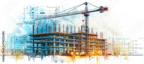 Construction of building structure and tower crane illustration. Generative AI technology.   © Hero Design