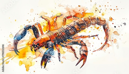 Scorpion water color, drawing style, isolated clear background
