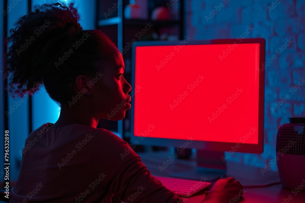 App demo afro-american woman in her 40s in front of a computer with a fully red screen App demo afro-american woman in her 40s in front of a computer with a fully red screen