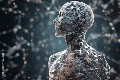a robot with human body made of disintegrating squares and cubes, standing in front of a digital background with abstract particles in space, cybernetics, computer rendering