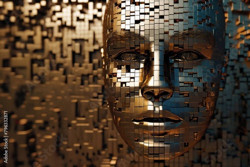 human's face with 3D cubes and particles in space as symbol of augmented reality and computer technologies of future, close-up portrait, concept of cybernetics, biomechanics and robotics