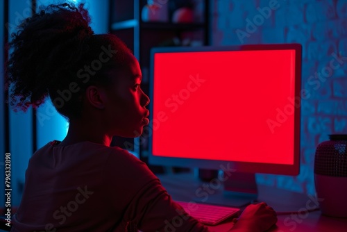App demo afro-american woman in her 40s in front of a computer with a fully red screen © Markus Schröder