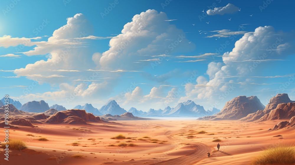 Valley in the desert. Sand dunes, clouds and blue sky.