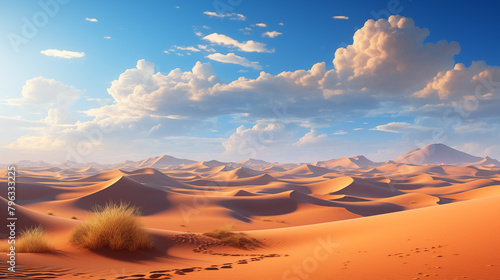 Valley in the desert. Sand dunes  clouds and blue sky.