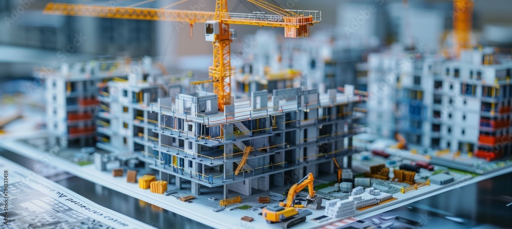 Closeup construction of building structure and tower crane model. Generative AI technology.	
