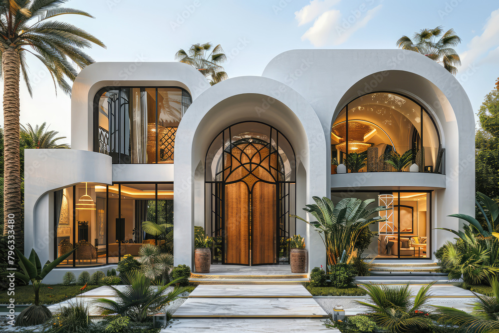 A front view of an elegant modern villa in the style of rounded shapes, arches and glass windows with wood doors and white walls with wooden accents. Created with Ai