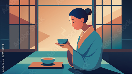 A picture of a person sipping tea eyes closed and a serene expression on their face displaying the tranquil and meditative effects of the tea