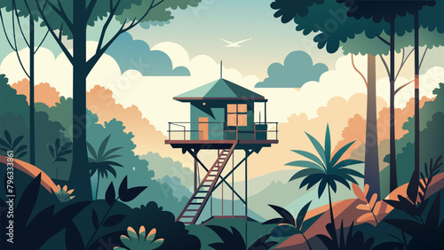 A secluded treehouse perched high above the jungle canopy provides a unique and peaceful work environment surrounded by tropical plants and the