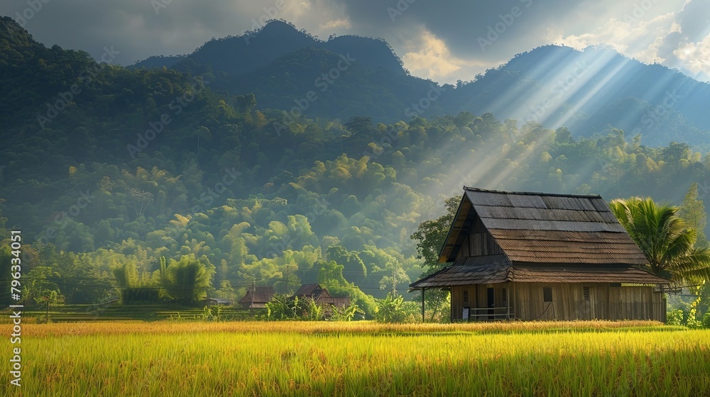 Obraz premium A wooden house in the middle of rice fields with mountain background