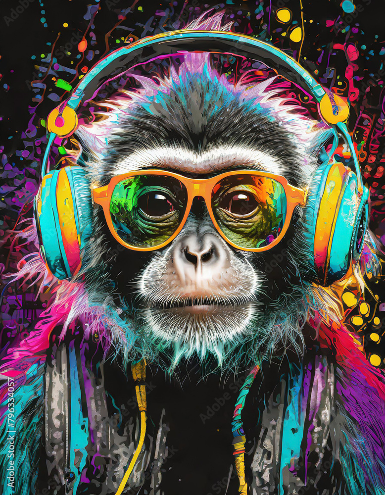 A monkey wearing sunglasses and headphone ,graffiti art , A monkey wearing sunglasses and headphone ,graffiti art ,
