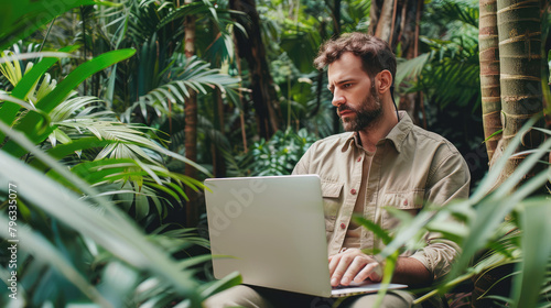 Fototapeta Naklejka Na Ścianę i Meble -  a man working on a laptop while sitting in a jungle forest surrounded by plants