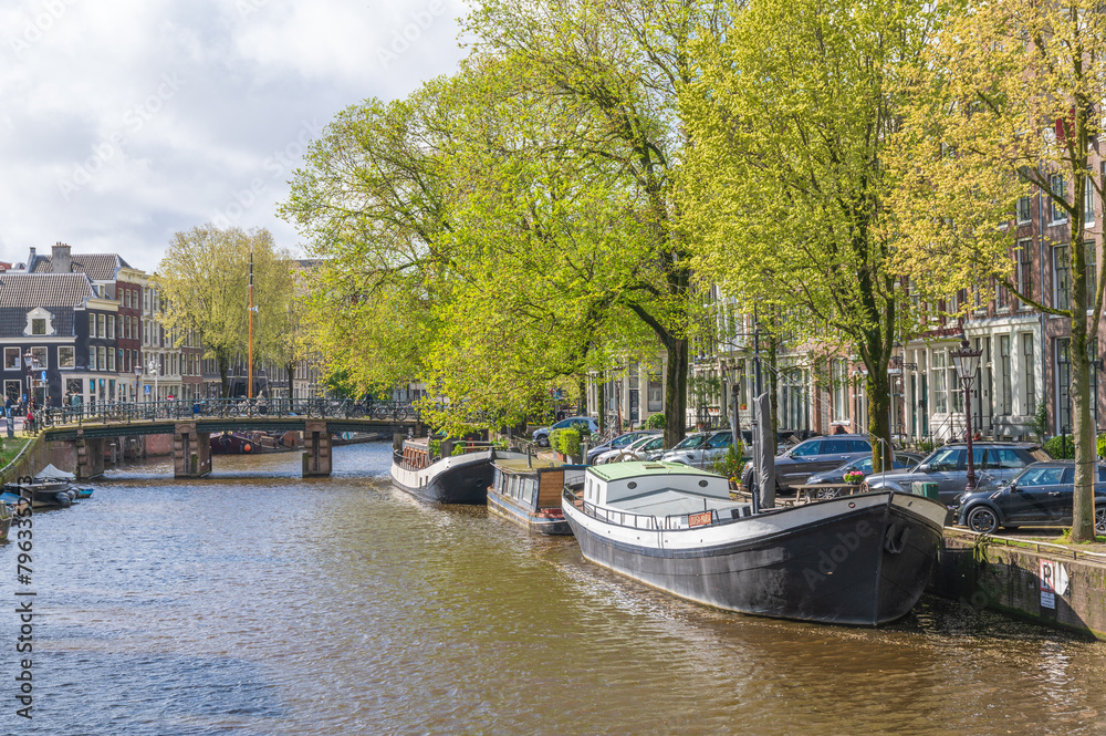 House boats in a canal of Amsterdam, the Netherlands on a sunny day