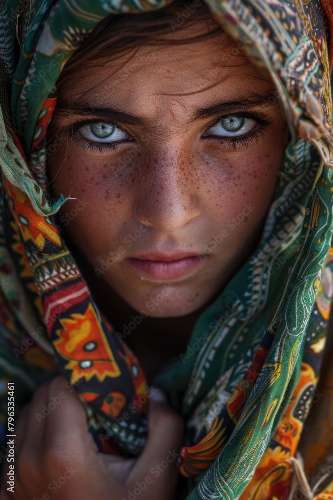Striking Blue Eyes: Portrait of a Young Girl with Intense Gaze. World Refugee Day Striking Blue Eyes: Portrait of a Young Girl with Intense Gaze. World Refugee Day