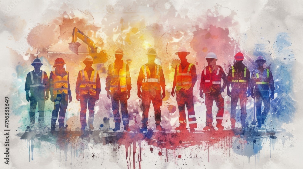 Obraz premium Abstract silhouette of construction workers on colorful watercolor background. May Day, Labor Day