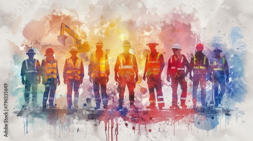 Wallpaper Mural Abstract silhouette of construction workers on colorful watercolor background. May Day, Labor Day Torontodigital.ca