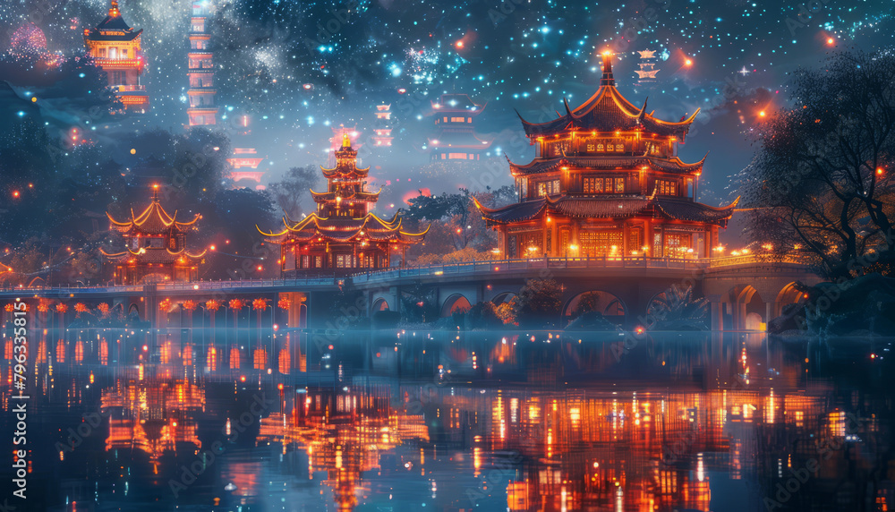 Traditional Chinese architecture, sparkling with twinkling stars, generative ai