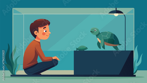 A young boy sits beside his turtles tank watching as the turtle slowly moves about. Though they may not be able to communicate through words the