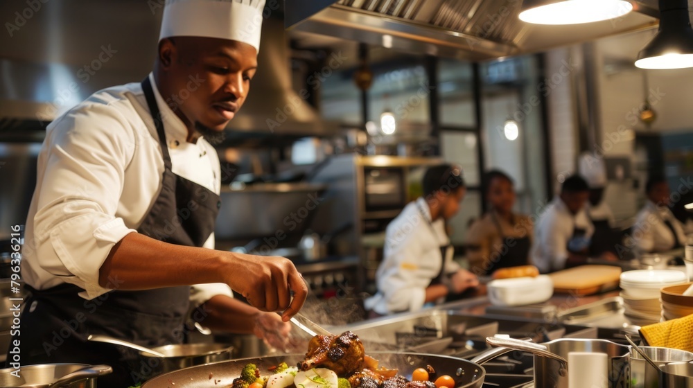 Chef seasoning a dish in a professional kitchen with staff in the background. Chef seasoning a dish in a professional kitchen with staff in the background.