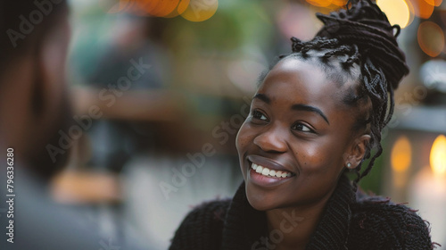 Portrait of a young african american woman smiling at the camera in a restaurant