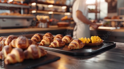 Freshly baked croissants on a tray with diced mango on a wooden counter in a bakery