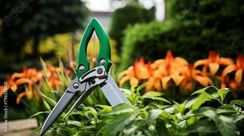 Tools and equipment for gardening. For the purpose of gardening with flowers and clipped plants, a single steel garden scissor with a green plastic grip photo