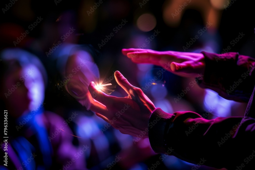 A magician is holding hand in the air, with a glowing light in his hands A magician is holding hand in the air, with a glowing light in his hands